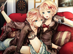 Rule 34 | 1boy, 1girl, amayu (oxo0101), bad id, bad pixiv id, black footwear, blonde hair, blue eyes, boots, bow, bra, brother and sister, choker, couch, dartboard, earrings, fingerless gloves, fishnet thighhighs, fishnets, frilled skirt, frills, gloves, hair bow, jacket, jewelry, kagamine len, kagamine rin, knee boots, leather, leather jacket, microphone, nail polish, pillow, red upholstery, shoes, short hair, siblings, skirt, thigh boots, thighhighs, twins, underwear, vocaloid