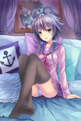 Rule 34 | 00s, 3girls, absurdres, adjusting hair, anchor symbol, ass, bad id, bad pixiv id, bed, bed sheet, black legwear, blonde hair, blue hair, bow, breasts, brown hair, cardigan, catsmoon, cleavage, curtains, d:, detached collar, detached sleeves, drawing (object), fate testarossa, feet, flower, flower on head, green eyes, hair flower, hair ornament, hair ribbon, highres, long hair, luo tianyi, lyrical nanoha, mahou shoujo lyrical nanoha strikers, multiple girls, navel, neckerchief, open mouth, painting (object), panties, pantyshot, picture frame, pillow, red eyes, ribbon, school uniform, serafuku, short shorts, shorts, sitting, takamachi nanoha, thighhighs, twintails, underwear, vocaloid, white panties