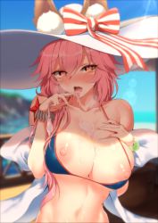 Rule 34 | 1girl, absurdres, animal ears, bare shoulders, bikini, blue bikini, blue sky, blurry, blurry background, blush, breasts, breasts out, brown eyes, collarbone, condom, cum, cum in mouth, cum on body, cum on breasts, cum on tongue, cum on upper body, day, fate (series), fox ears, hat, heart, heart-shaped pupils, highres, large breasts, long hair, momihige, naughty face, nipples, nose blush, open mouth, outdoors, pink hair, sky, solo, sun hat, swimsuit, symbol-shaped pupils, tamamo (fate), tamamo no mae (fate/extra), tamamo no mae (swimsuit lancer) (fate), tamamo no mae (swimsuit lancer) (third ascension) (fate), tongue, tongue out, upper body, used condom, white hat, wrist cuffs