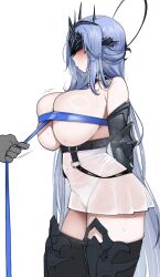 Rule 34 | 1girl, 1other, alsace (azur lane), armored gloves, armored legwear, arms behind back, azur lane, bare shoulders, black blindfold, black thighhighs, black tiara, blindfold, blue hair, blue ribbon, blush, breast ribbon, breasts, commentary, covered navel, from side, halo, halo behind head, highres, huge breasts, long hair, miniskirt, nago purin, nose blush, open mouth, ribbon, shiny skin, skirt, sweat, symbol-only commentary, thighhighs, tiara, topless, underbust, very long hair, white skirt