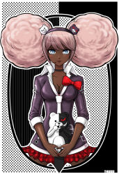 Rule 34 | 1girl, 1mascot, afro, afro puffs, bear hair ornament, black choker, black hairband, black headband, black headwear, black shirt, blonde hair, blue eyes, bow, bowtie, bra, breasts, buttons, choker, cleavage, danganronpa (series), danganronpa another episode: ultra despair girls, dark-skinned female, dark skin, eyebrows, eyebrows hidden by hair, fake nails, fingernails, frilled bra, frills, hair ornament, hairband, headband, headset, headwear request, highres, holding, holding stuffed toy, lips, looking at viewer, microphone, monokuma, nail polish, necktie, neckwear request, plaid, plaid skirt, polka dot, polka dot background, red bow, red nails, red skirt, second generation enoshima junko, shirt, simple background, skirt, striped, striped background, stuffed toy, thuddleston, underwear