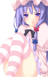 Rule 34 | 1girl, ass, bad id, bad pixiv id, capelet, dress, female focus, hair ribbon, hat, kabata (mechisan), long hair, long sleeves, looking at viewer, patchouli knowledge, pink thighhighs, purple dress, purple eyes, purple hair, ribbon, sitting, solo, striped clothes, striped dress, striped thighhighs, thighhighs, touhou, tress ribbon