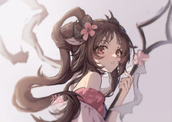 Rule 34 | 1girl, animal ears, antenna hair, arknights, bikini, brown hair, eyjafjalla (arknights), eyjafjalla (summer flower) (arknights), flower, from side, gogatsu fukuin, grey background, hair flower, hair ornament, hairstyle request, hand up, holding, holding staff, horns, lips, looking at viewer, off-shoulder bikini, off shoulder, official alternate costume, open mouth, pink bikini, pink flower, red eyes, sarong, sheep ears, sheep girl, sheep horns, simple background, solo, staff, swimsuit, white sarong