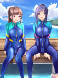 Rule 34 | 2girls, bad id, bad pixiv id, bench, bikini, blue hair, bodysuit, breast press, breasts, brown hair, cameltoe, cleft of venus, diving suit, feet, highres, looking at viewer, love live!, love live! sunshine!!, matsuura kanan, mobukichi, multiple girls, purple hair, shiny clothes, sitting, skin tight, skindentation, smile, spread legs, suwa nanaka, swimsuit, wet, wetsuit, zipper
