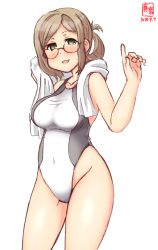 Rule 34 | 1girl, artist logo, breasts, brown hair, collarbone, commentary request, competition swimsuit, covered navel, cowboy shot, dated, folded ponytail, glasses, green eyes, highleg, highleg swimsuit, highres, index finger raised, kanon (kurogane knights), kantai collection, katori (kancolle), large breasts, looking at viewer, one-piece swimsuit, parted bangs, revision, semi-rimless eyewear, simple background, smile, solo, standing, swimsuit, towel, towel around neck, two-tone swimsuit, under-rim eyewear, white background, white towel