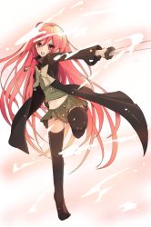 Rule 34 | 1girl, alastor (shakugan no shana), black cape, black thighhighs, bow, cape, floating hair, full body, grey bow, grey neckwear, hair between eyes, holding, holding sword, holding weapon, jewelry, katana, leg up, long hair, looking at viewer, midriff, miniskirt, navel, necklace, open mouth, outstretched arm, pleated skirt, red eyes, red hair, school uniform, shakugan no shana, shana, shirt, skirt, solo, standing, standing on one leg, stomach, sword, thighhighs, very long hair, weapon, white background