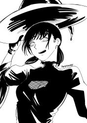 Rule 34 | 1girl, absurdres, artist name, breasts, chainsaw man, cleavage, commentary request, gloves, hat, highres, medium breasts, mitaka asa, monochrome, open mouth, pastepiphany, see-through, see-through cleavage, signature, solo, upper body, witch hat