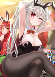 Rule 34 | 2girls, :3, absurdres, animal ears, armpits, arms up, bare shoulders, black leotard, black pantyhose, blurry, blurry background, blush, bow, bowtie, breasts, c:, casino, closed mouth, commentary, crossed legs, curvy, detached collar, dracu-riot!, elena olegovna owen, eyelashes, eyes visible through hair, fake animal ears, feet out of frame, grey hair, hair between eyes, hair intakes, happy, highres, indoors, large breasts, leotard, long hair, looking at viewer, looking back, multiple girls, official alternate costume, official alternate hairstyle, one eye closed, pantyhose, playboy bunny, rabbit ears, red bow, red bowtie, red eyes, red hair, side ponytail, smile, solo focus, sparkle, strapless, strapless leotard, thighs, tsurime, urakawa ^p^, very long hair, white wrist cuffs, wrist cuffs, yarai miu, yellow eyes