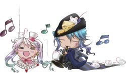 Rule 34 | albino, blue hair, chibi, dancing, eating, flute, hat, instrument, itto maru, lolita fashion, long hair, mouse (animal), pink hair, ribbon, the pied piper of hamelin, transparent background, twintails