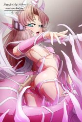 1girl armor ass bikini bikini_armor blush breasts brown_hair butt_crack from_behind headgear long_hair looking_back open_mouth pauldrons pink_bikini senki_zesshou_symphogear senki_zesshou_symphogear_xd_unlimited serena_cadenzavna_eve shiny_skin shoulder_armor silver_trim small_breasts solo sweat swimsuit tail tentacles uganda_(ugandam_00)