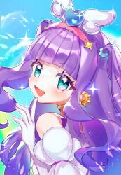 Rule 34 | 1girl, aqua eyes, blue sky, clothing cutout, commentary, cure majesty, dress, earclip, finger to mouth, gloves, highres, hirogaru sky! precure, kumono ame, long hair, looking at viewer, looking back, magical girl, outdoors, precure, purple dress, purple hair, shoulder cutout, sky, smile, solo, sparkle, two side up, very long hair, white gloves, wing hair ornament