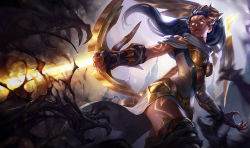 Rule 34 | 1girl, arclight vayne, armor, arrow (projectile), blue hair, bow (weapon), breastplate, claws, crossbow, facial mark, fingerless gloves, forehead mark, gloves, glowing, glowing eyes, league of legends, long hair, official art, riot games, solo, tattoo, thighhighs, vayne (league of legends), weapon, yellow eyes