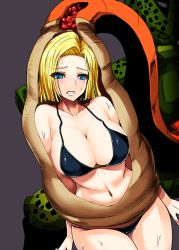 Rule 34 | 1girl, android 18, bare shoulders, bikini, blonde hair, blue eyes, blush, breasts, cell (dragon ball), cleavage, dragon ball, dragonball z, ishimiso (ishimura), large breasts, monster, navel, semi-perfect cell, short hair, solo focus, sweat, sweatdrop, swimsuit, tail, tail vore, vore, x-ray