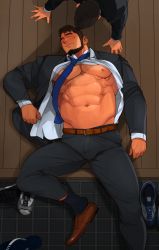Rule 34 | 2boys, abs, bara, bare pectorals, beard, black eyes, black hair, bulge, facial hair, foot out of frame, formal, highres, jacket, large pectorals, leather belt, lying, male focus, multiple boys, muscular, muscular male, navel, necktie, nipples, on back, open clothes, open jacket, open shirt, original, paid reward available, pectorals, paid reward available, salaryman, short hair, size difference, sleeping, smile, solo focus, spiked hair, tarutoru, thick thighs, thighs, undercut, yaoi