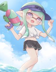 Rule 34 | 1girl, :d, black shorts, blue hat, blue sky, blunt bangs, blunt ends, clothes writing, cloud, cloudy sky, commentary, day, dolphin shorts, english commentary, fang, green hair, hat, highres, holding, holding weapon, inkling, inkling (language), inkling girl, inkling player character, long hair, looking at viewer, midriff, navel, nintendo, open mouth, outdoors, pioxpioo, pointy ears, purple eyes, shirt, short shorts, shorts, skin fang, sky, smile, solo, splatoon (series), splatoon 2, splattershot (splatoon), standing, t-shirt, tentacle hair, tied shirt, visor cap, w arms, wading, water, water drop, weapon, white shirt