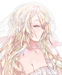 Rule 34 | 1girl, absurdres, alternate hairstyle, bad id, bad pixiv id, bare shoulders, blonde hair, blue eyes, blush, braid, breasts, bridal veil, choker, dress, flower, french braid, from side, g36 (girls&#039; frontline), g36 (pure white cornflower) (girls&#039; frontline), girls&#039; frontline, hair between eyes, hair flower, hair ornament, half-closed eyes, highres, hobby, light particles, long hair, looking at viewer, medium breasts, messy hair, official alternate costume, sidelocks, simple background, smile, solo, veil, wedding dress, white background