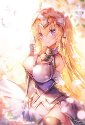 Rule 34 | 1girl, apple caramel, armor, armored dress, artist name, bare shoulders, black thighhighs, blonde hair, blurry, blush, breasts, cleavage, closed mouth, collarbone, day, depth of field, diffraction spikes, elbow gloves, fate/grand order, fate (series), faulds, fingerless gloves, fur-trimmed gloves, fur trim, gloves, groin, hair between eyes, halterneck, hand up, headgear, highres, holding, jeanne d&#039;arc (fate), jeanne d&#039;arc (ruler) (fate), jeanne d&#039;arc (third ascension) (fate), large breasts, long hair, looking at viewer, petals, polearm, purple eyes, side slit, sidelocks, smile, solo, sunlight, taut clothes, thighhighs, very long hair, weapon