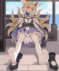 Rule 34 | 1girl, animal ears, arknights, bench, blonde hair, feet, green eyes, hairband, long hair, looking at viewer, multiple tails, open mouth, pantyhose, shoes, unworn shoes, sitting, soles, suzuran (arknights), tail, toes, white pantyhose