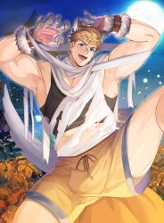Rule 34 | 1boy, absurdres, animal ears, animal hands, arkapami, bandages, bara, black tank top, blonde hair, fangs, fangs out, full moon, gloves, granblue fantasy, hands up, highres, large pectorals, leg up, looking at viewer, male focus, moon, muscular, muscular male, night, night sky, open mouth, orange shorts, outdoors, paid reward available, paw gloves, paw pose, pectoral cleavage, pectorals, shirt, short hair, shorts, sidepec, sitting, sky, smile, solo, tail, tank top, thick thighs, thighs, torn clothes, torn shirt, vane (granblue fantasy), white shirt, wolf boy, wolf ears, wolf tail