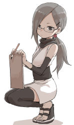 Rule 34 | 10s, 1girl, bare shoulders, black thighhighs, calligraphy brush, clipboard, closed mouth, detached sleeves, flat chest, from side, full body, glasses, grey eyes, grey hair, hair ornament, hairclip, highres, holding, kunoichi tsubaki no mune no uchi, legs together, looking at viewer, looking to the side, ninja, no socks, obi, paintbrush, platform footwear, ponytail, sandals, sash, simple background, solo, squatting, sumire (kunoichi tsubaki no mune no uchi), thighhighs, white background, yamamoto souichirou