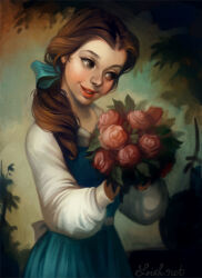 Rule 34 | 1girl, artist name, beauty and the beast, belle (disney), blue bow, blue dress, bouquet, bow, brown eyes, brown hair, dress, european clothes, flower, hair bow, holding, holding bouquet, loish, shirt, solo, watermark, white shirt
