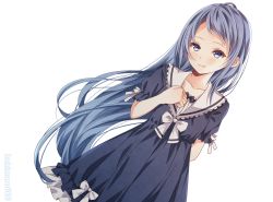 Rule 34 | 1girl, alternate costume, black dress, black ribbon, blue eyes, blue hair, blush, closed mouth, dress, frilled dress, frills, gradient hair, hair ornament, kantai collection, kukimaru, long hair, looking at viewer, multicolored hair, ribbon, samidare (kancolle), simple background, smile, solo, very long hair, white background, white ribbon
