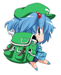 Rule 34 | 1girl, backpack, bag, blue eyes, blue hair, chibi, hair bobbles, hair ornament, hat, kawashiro nitori, looking back, matching hair/eyes, solo, sugiura, touhou, twintails, two side up, wrench