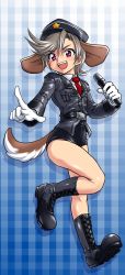 Rule 34 | 1girl, animal ears, black footwear, black hat, black jacket, black shorts, blue background, boots, cabbie hat, checkered background, cross-laced footwear, dog ears, dog tail, dress shirt, fang, female focus, full body, funnyari, gloves, grey hair, hat, highres, holding, holding microphone, idol, jacket, kemonomimi mode, leg up, looking at viewer, microphone, necktie, open mouth, original, pointing, purple eyes, red necktie, shirt, short hair, shorts, smile, solo, standing, standing on one leg, star (symbol), tail, white gloves, white shirt