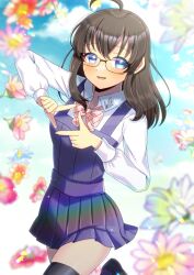 Rule 34 | 1girl, ahoge, black-framed eyewear, black dress, black footwear, black hair, black thighhighs, blue eyes, blue flower, blue sky, blurry, blurry background, bow, breasts, cloud, collared shirt, commentary request, commission, day, depth of field, diagonal-striped bow, dress, flower, glasses, hair between eyes, kou hiyoyo, long hair, long sleeves, looking at viewer, medium breasts, orange flower, original, outdoors, pinafore dress, pink bow, pink flower, pleated dress, puffy long sleeves, puffy sleeves, purple flower, shirt, shoes, skeb commission, sky, sleeveless, sleeveless dress, solo, thighhighs, white flower, white shirt