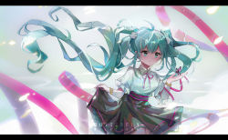 Rule 34 | 1girl, absurdres, aqua eyes, aqua hair, artist name, black skirt, bracelet, bug, butterfly, butterfly on hand, collared shirt, cowboy shot, floating hair, frills, hair ornament, hairpin, hatsune miku, highres, insect, jewelry, letterboxed, long hair, milktower, pastel colors, pink ribbon, pink trim, ribbon, shirt, skirt, skirt hold, solo, twintails, very long hair, vocaloid, white shirt