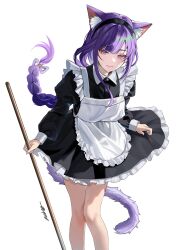 Rule 34 | 1girl, absurdres, alternate costume, animal ear fluff, animal ears, apron, black dress, cat ears, cat girl, cat tail, closed mouth, commentary, dress, enmaided, frilled apron, frilled dress, frills, genshin impact, highres, holding, holding staff, juliet sleeves, kemonomimi mode, long hair, long sleeves, looking at viewer, low-braided long hair, low-tied long hair, maid, maid apron, mole, mole under eye, puffy sleeves, purple eyes, purple hair, raiden shogun, rudang, simple background, smile, solo, staff, standing, tail, white apron, white background