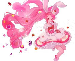 Rule 34 | 1girl, animal ears, rabbit ears, cake hair ornament, cure whip, earrings, extra ears, flower, food, food-themed clothes, food-themed hair ornament, fruit, gloves, hair ornament, highres, jewelry, kirakira precure a la mode, long hair, magical girl, petticoat, pink hair, pom pom (clothes), pom pom earrings, precure, red eyes, solo, strawberry, twintails, usami ichika, very long hair, yukiumisaka