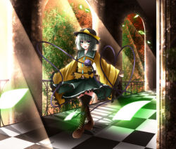 Rule 34 | 1girl, arch, bad id, bad pixiv id, black thighhighs, blush, boots, checkered floor, chireiden, cross-laced footwear, eyeball, fang, floor, green eyes, green hair, hat, hat ribbon, heart, heart of string, highres, komeiji koishi, long sleeves, matching hair/eyes, open mouth, petals, ribbon, rok (guitar0706), short hair, skirt, smile, solo, sunlight, thighhighs, third eye, touhou, tree, wide sleeves
