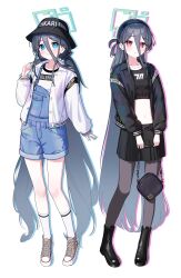 Rule 34 | &lt;key&gt; (blue archive), 2girls, absurdres, aris (blue archive), bag, belt, black belt, black footwear, black hair, black jacket, black pantyhose, black skirt, blue archive, blue eyes, blue overalls, blush, boots, closed mouth, clothes writing, full body, green halo, halo, handbag, highres, holding, holding bag, jacket, long hair, long sleeves, multiple girls, navel, open clothes, open jacket, overalls, pantyhose, red eyes, ringed eyes, shoes, simple background, skirt, smile, sneakers, socks, supersugar, very long hair, white background, white jacket, white socks