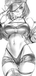 Rule 34 | 1girl, arm behind back, azur lane, baltimore (azur lane), baltimore (finish line flagbearer) (azur lane), bare shoulders, bikini, breasts, chest harness, cleavage, cropped jacket, gluteal fold, greyscale, grin, harness, hat, highleg, highleg bikini, highres, large breasts, micro shorts, monochrome, navel, race queen, shorts, smile, solo, swimsuit, thighhighs, ulrich (tagaragakuin), underboob, unfinished