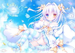 Rule 34 | 1girl, ahoge, bare shoulders, blue eyes, blue footwear, blue skirt, blue sky, blush, bow, brown bow, brown eyes, cameltoe, cloud, commentary request, cross, day, dress, frilled skirt, frilled thighhighs, frills, full body, fuxiyu, hair between eyes, hair bow, hair intakes, hand up, highres, latin cross, long hair, long sleeves, looking at viewer, milestone celebration, off-shoulder dress, off shoulder, original, outdoors, panties, parted lips, petals, pleated skirt, revision, shoe soles, shoes, skirt, sky, sleeves past fingers, sleeves past wrists, solo, striped clothes, striped panties, striped thighhighs, thank you, thighhighs, two side up, underwear, v, white dress, white hair