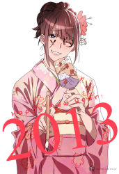 Rule 34 | 10s, 1girl, 2013, blue eyes, blush, brown hair, calligraphy brush, drawing on another&#039;s face, flower, grin, hagoita, hair flower, hair ornament, hanetsuki, hifumi chiyoko, japanese clothes, kimono, new year, one eye closed, original, paddle, paintbrush, short hair, smile, solo, wink
