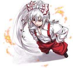 Rule 34 | 1girl, bow, female focus, fire, from above, fujiwara no mokou, full body, hair bow, hands in pockets, long hair, lowres, oekaki, pants, perspective, shirt, silver hair, solo, suspenders, tatsuya (atelier road), touhou, white background, white shirt, wink