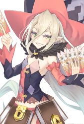 Rule 34 | 1girl, asymmetrical sleeves, blonde hair, book, card, cowboy shot, detached sleeves, fang, feather trim, gi (melmail), green eyes, grin, hat, highres, lock, long hair, looking at viewer, magilou (tales), mismatched sleeves, pointy ears, simple background, smile, solo, tales of (series), tales of berseria, white background