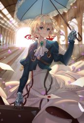 Rule 34 | 10s, 1girl, artist name, blonde hair, blue eyes, blue jacket, braid, brooch, cherry blossoms, closed mouth, commentary, copyright name, envelope, hair between eyes, hair intakes, hair ribbon, holding, holding umbrella, jacket, jewelry, letter, lucidsky, mechanical arms, mechanical hands, parasol, prosthesis, prosthetic arm, prosthetic hand, railroad tracks, red ribbon, ribbon, single mechanical hand, skirt, smile, solo, suitcase, title, train station, umbrella, violet evergarden, violet evergarden (series), white neckwear, white skirt