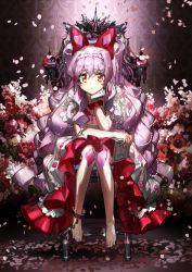 Rule 34 | 1girl, absurdres, barefoot, book, bow, braid, closed mouth, crown braid, cuffs, dress, elbow rest, flower, frilled gloves, frills, full body, gloves, hair between eyes, hand on own chin, head rest, highres, holding, holding book, jewelry, light purple hair, long hair, looking at viewer, original, petals, pleated dress, red bow, shackles, single glove, sitting, solo, throne, very long hair, wata (attaka towel), white gloves, yellow eyes