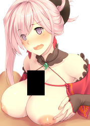 Rule 34 | 1girl, bar censor, bare shoulders, blush, breast hold, breasts, breasts squeezed together, censored, earrings, eyes visible through hair, fate/grand order, fate (series), fingerless gloves, folded ponytail, gloves, highres, japanese clothes, jewelry, large breasts, magatama, miyamoto musashi (fate), nail polish, nipples, open mouth, paizuri, penis, pink hair, purple eyes, solo focus, swept bangs, tro