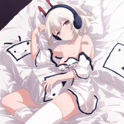 Rule 34 | 1girl, arm up, ayanami (azur lane), ayanami (niconico) (azur lane), azur lane, bad id, bad pixiv id, bandaid, bandaid on arm, bare shoulders, bed, blush, breasts, brown eyes, cleavage, collarbone, commentary request, feet out of frame, hair between eyes, headgear, headphones, kneehighs, looking at viewer, lying, medium breasts, off shoulder, on side, oueo, parted lips, pillow, shirt, short sleeves, single kneehigh, single sock, single thighhigh, socks, solo, thighhighs, white hair, white shirt, white socks, wide sleeves, wooden floor