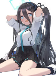 Rule 34 | 1girl, absurdly long hair, aqua halo, aris (blue archive), arms up, black hair, blue archive, blue eyes, blush, breasts, commentary request, halo, headband, highres, holding, holding hair, jacket, long hair, medium breasts, miya kazutomo, necktie, one side up, open mouth, pleated skirt, shirt, shoes, skirt, sleeves rolled up, socks, solo, rectangular halo, tie clip, unworn jacket, very long hair, white shirt