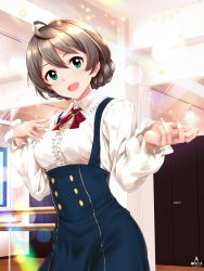 Rule 34 | 10s, 1girl, ahoge, artist logo, blue dress, blush, braid, breasts, brown hair, buttons, center frills, dress, dress shirt, frills, green eyes, hair between eyes, highres, idolmaster, idolmaster million live!, indoors, infinote, jewelry, lens flare, medium breasts, mirror, neck ribbon, necklace, open mouth, outstretched hand, puffy sleeves, red ribbon, ribbon, sakuramori kaori, shirt, side braid, signature, skirt, smile, solo, sparkle, suspender skirt, suspenders, swept bangs