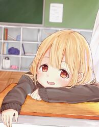 Rule 34 | 1girl, bag, black sweater, blonde hair, blurry, blurry background, blush, book, brown eyes, chalkboard, classroom, curtains, desk, dot nose, futaba anzu, hands on table, head rest, highres, idolmaster, idolmaster cinderella girls, idolmaster cinderella girls starlight stage, indoors, long sleeves, looking at viewer, open mouth, paper, school desk, smile, solo, sweater, wooden floor, yonko 00