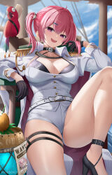Rule 34 | 1girl, aiguillette, barrel, belt, bird, black gloves, blue sky, blush, breasts, cape, cleavage, coconut cup, cyicheng, epaulettes, gloves, goddess of victory: nikke, hair ornament, hairclip, high heels, jacket, large breasts, long hair, long sleeves, looking at viewer, mast (nikke), open mouth, parrot, shorts, sitting, skull choker, skull hair ornament, sky, smile, solo, thighs, twintails, white cape, white jacket, white shorts