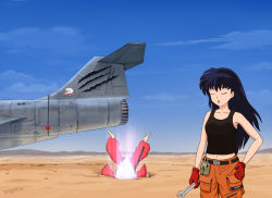 Rule 34 | 1boy, 1girl, :o, ace combat, ace combat 7: skies unknown, aircraft, animal ears, avril mead, bare shoulders, black hair, black tank top, blue sky, breasts, closed eyes, collarbone, commentary request, cowboy shot, day, dog boy, dog ears, eyebrows hidden by hair, f-104 starfighter, gloves, hand on own hip, highres, higurashi kagome, holding, holding wrench, inuyasha, inuyasha (character), japanese clothes, kimono, long hair, medium breasts, navel, open mouth, orange pants, pants, pouch, red gloves, red kimono, scabbard, sheath, sky, sleeveless, tank top, thompson (solowingfh), voice actor connection, wasteland, white hair, wrench, yukino satsuki