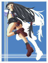 Rule 34 | 1990s (style), 1girl, black hair, boots, breasts, brown eyes, cleavage, elbow gloves, final fantasy, final fantasy vii, fingerless gloves, gloves, highres, large breasts, long hair, low-tied long hair, miniskirt, open mouth, pencil skirt, retro artstyle, skirt, solo, suspender skirt, suspenders, tank top, tifa lockhart, very long hair