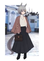 Rule 34 | 1girl, animal ears, bag, black bag, black footwear, black skirt, blurry, blurry background, border, brown coat, coat, full body, grey eyes, grey hair, hair ornament, hairclip, handbag, hashtag-only commentary, highres, holding, holding bag, horse ears, horse girl, horse tail, jacket, jacket on shoulders, jewelry, long skirt, looking to the side, mayuchi427, necklace, ribbed sweater, seiun sky (umamusume), short hair, skirt, solo, sweater, tail, turtleneck, turtleneck sweater, umamusume, white border, white sweater